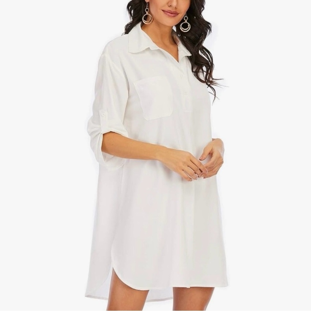 NEW!! White Loose Fit Shirt Dress with Pocket - Size M NWOT - Picture 2 of 4